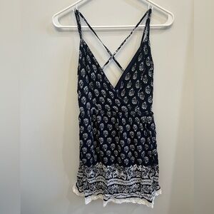 Papaya Spaghetti Strap Floral Lace Mini Cross Back Navy Blue White Dress Medium